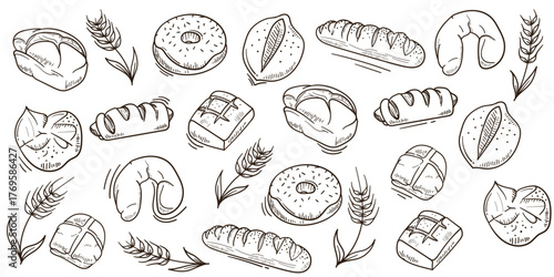Set collection of bread illustration in hand drawn design for bread shop advertisement background
