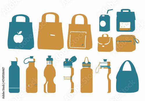 EcoFriendly Reusable Lunch Bags Water Bottles and Drink Carton Flat Graphic Icons Set.