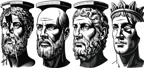 Ancient Roman Greek bust illustration, classical statue art, black and white vector, historical male portrait, laurel wreath, vintage engraving style