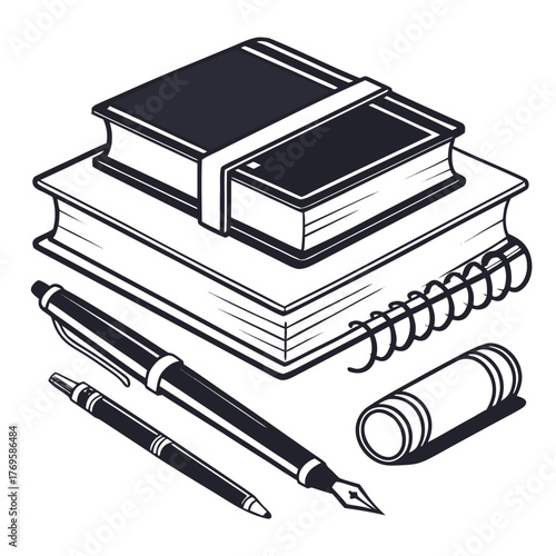 A collection of classic writing tools including a fountain pen a ballpoint pen an eraser and stacked notebooks for study or work