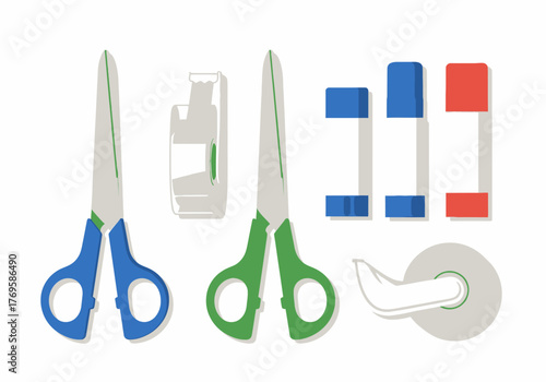 Flat design illustration of essential school and office supplies blue and green scissors tape dispenser and colorful erasers.