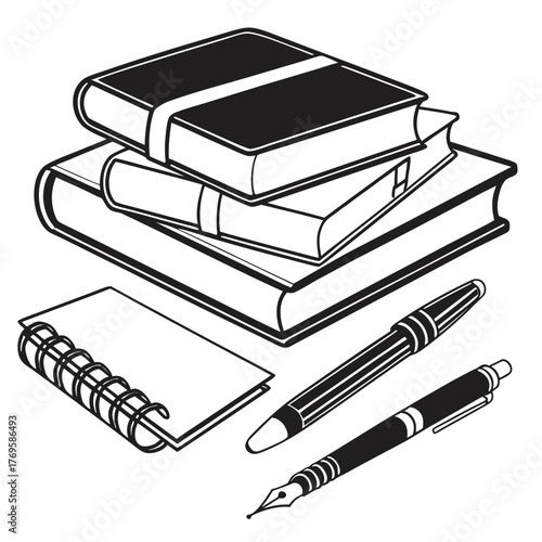 A stack of hardcover books sits next to a spiral bound notebook and two pens one a fountain pen