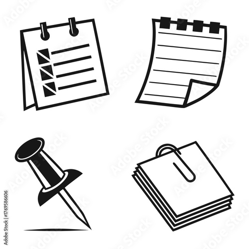 Collection of simple black and white icons representing office supplies and stationery items for organization and note taking