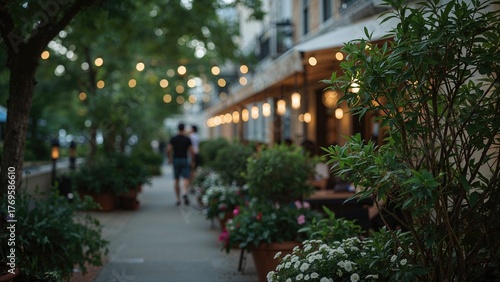 Blurred background of a charming alleyway creates a serene atmosphere. Lush potted plants add warmth, inviting patrons to enjoy a cozy evening ambiance.