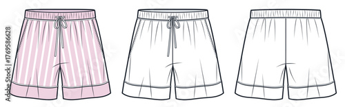 Pajamas Shorts with Drawstring Waist Fashion Flat Sketch. Striped Short Pants fashion flat technical drawing template, front and back view, white, pink, women, men, unisex CAD mockup.