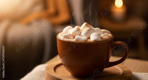 Cozy Hot Chocolate with Marshmallows on Wooden Coaster.