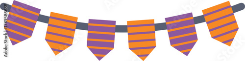 Festive halloween garland with orange and purple striped pennants hanging on a string