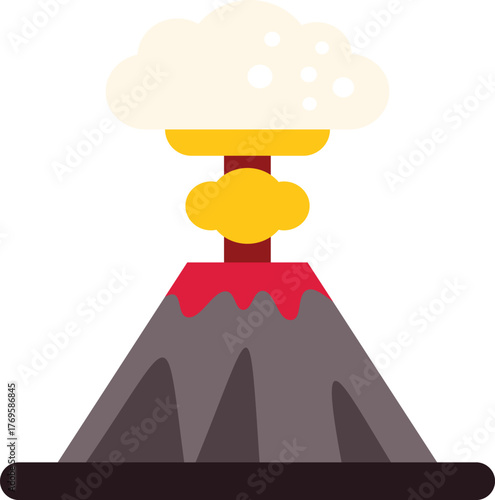 Volcano erupting with smoke and lava, creating a dramatic natural disaster scene in a flat design style