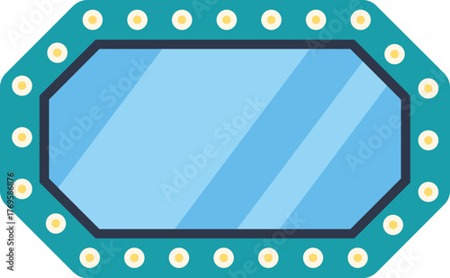 Makeup mirror reflecting light blue surface, surrounded by light bulbs, isolated on white background