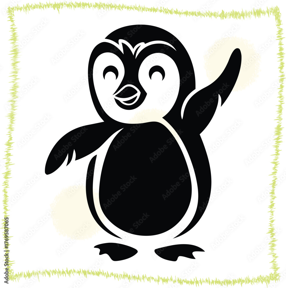 Fototapeta premium Cheerful cartoon penguin illustration with playful expression and waving wing on a white background framed with decorative green line art element perfect for childrens books