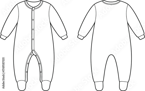 Baby onesie technical sketch, front back view, long sleeve bodysuit with enclosed feet, cad drawing flat vector illustration, garment design