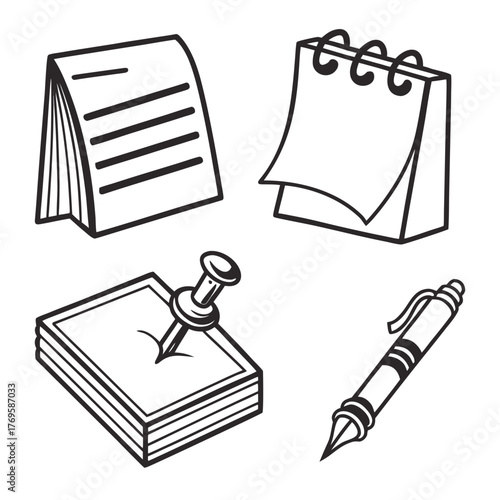 Collection of hand drawn office supplies including notepads calendars pushpin and pen isolated on white background