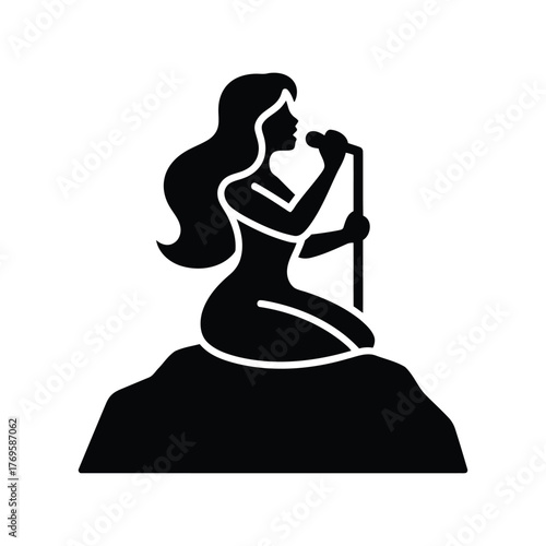 Silhouette of a woman singing into a microphone on a rock for performance or music concept isolated on white background