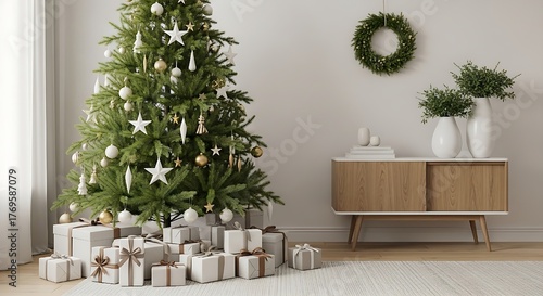 A contemporary home setup for Christmas, highlighting the elegant simplicity of the tree and gift wrapping