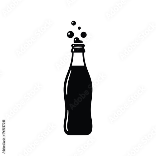 Refreshing soda bottle icon with bubbles erupting iconography isolated on white background