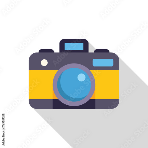 Colorful camera icon with long shadow, representing photography, image capturing and technology