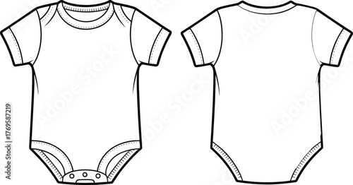 Baby onesie technical sketch, front back view, short sleeve bodysuit, snap button closure, cad drawing flat vector illustration, garment design