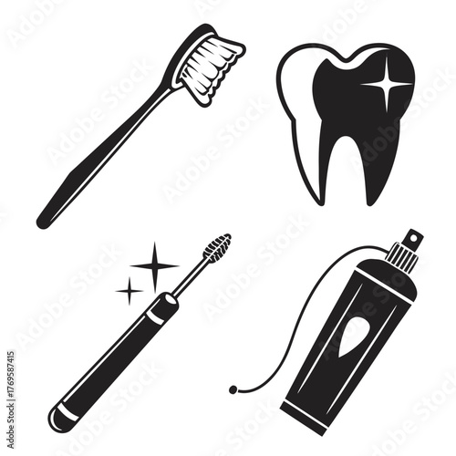 Collection of black and white dental hygiene icons including a toothbrush sparkling tooth mascara wand and toothpaste tube