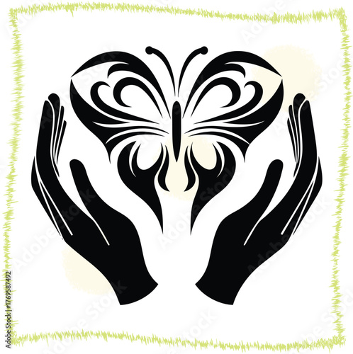 Butterfly in hands symbol of care and transformation conceptual art portraying nature protection and graceful metamorphosis featuring elegant black and white design
