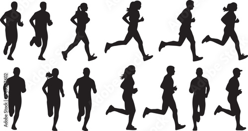 Running silhouette collection Diverse figures in motion, representing fitness, exercise, and active lifestyles, ideal for sports or health-related projects