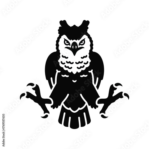 Graphic emblem of a fierce owl with extended talons symbolizing wisdom and vigilance in a bold silhouette isolated on white background