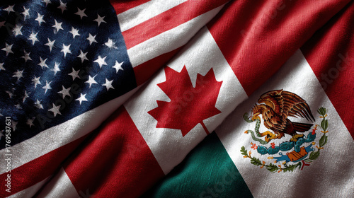 Flags of the United States, Mexico, and Canada together representing North American unity and the 2026 football championship