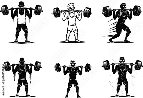 Barbell squat illustration, fitness workout poses, gym exercise vector, strength training movement, black and white athlete silhouette, bodybuilding action design