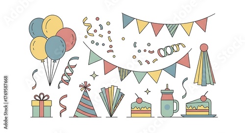 Festive Birthday Party Elements - Balloons, Cake, and Decorations Illustration.