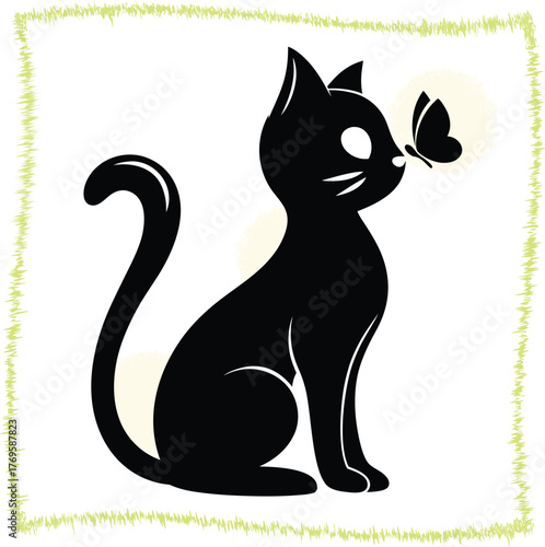 Silhouette of a black cat sitting gracefully while a beautiful butterfly rests delicately on its nose in a charming animal illustration with a decorative border