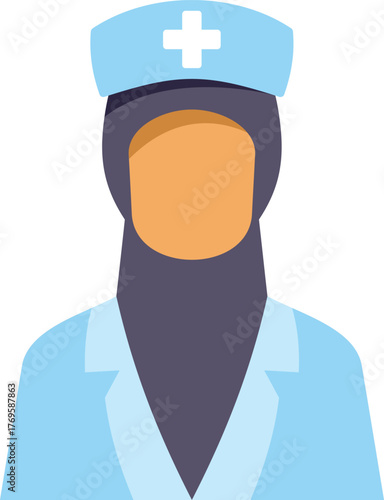 Portrait of a muslim female nurse wearing hijab and uniform, representing healthcare professionals in diverse cultural settings