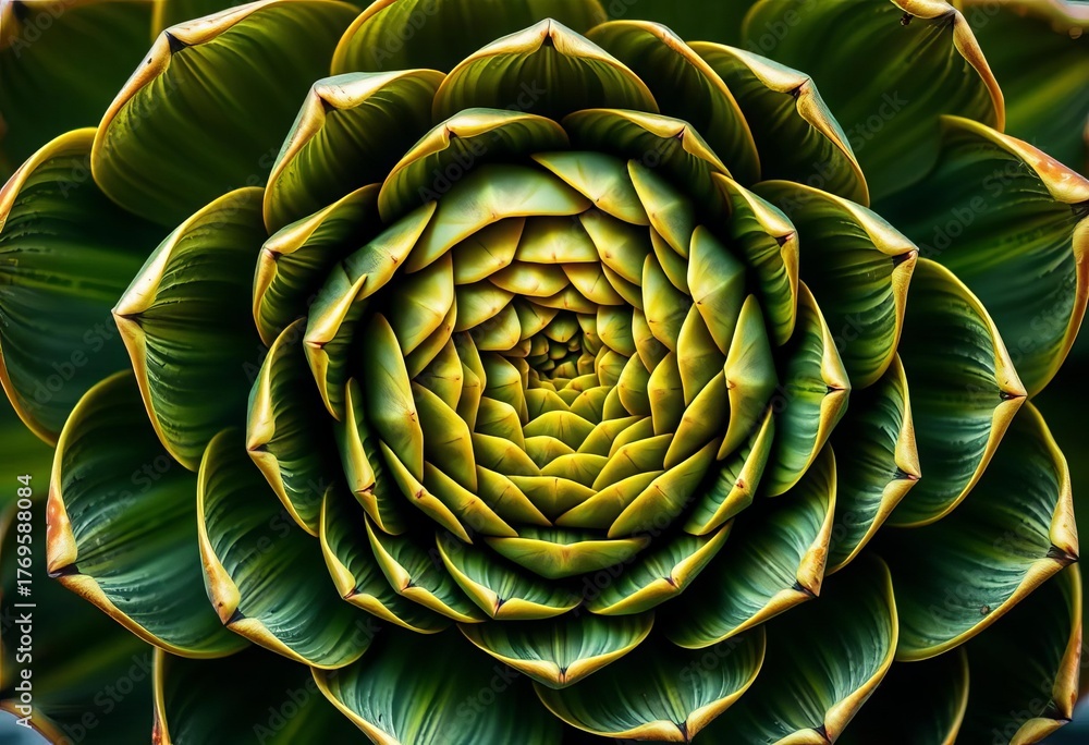 Obraz premium Intricate spiral arrangement of artichoke bracts, showcasing Fibonacci sequence, geometric, macro