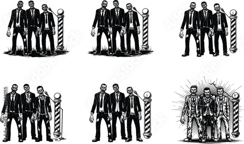 Barber pole vector illustration, vintage men in suits, black and white retro style, classic grooming concept, stylized character design, fashion identity
