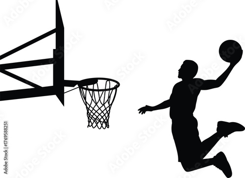 Basketball player silhouette, black vector illustration, slam dunk action, athletic sports pose, dynamic movement concept, hoop and net design, competitive energy
