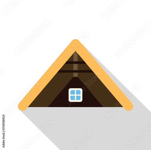 Triangular roof featuring wooden beams and a skylight, evoking the cozy atmosphere of an attic space