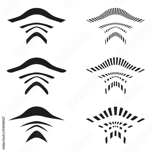 Set of broadcast waves. Minimal linear shapes. Black white abstract. Vector signal icons.