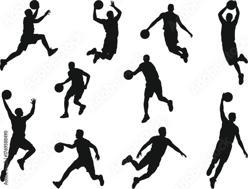 Basketball player silhouettes, dynamic action poses, dribbling, dunking, shooting, sports vector illustration, black figures on white background, athletic motion design