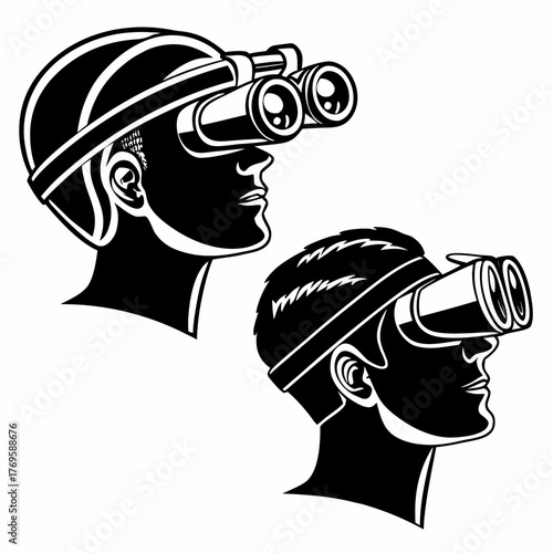 Stylized black and white silhouettes of two men s heads wearing binoculars and looking forward