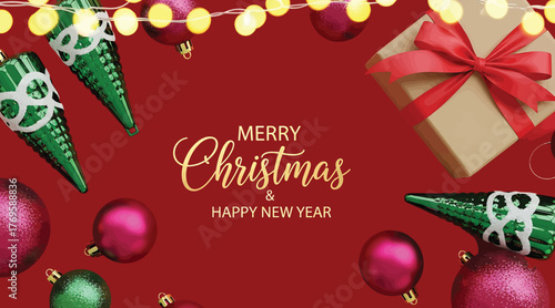 A festive christmas and happy new year scene with ornaments, lights, and a gift box on a red background, perfect for holiday cards, banners, and seasonal promotions