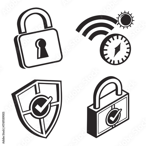 Collection of isometric icons representing security and safety concepts including locks shields and wireless signals