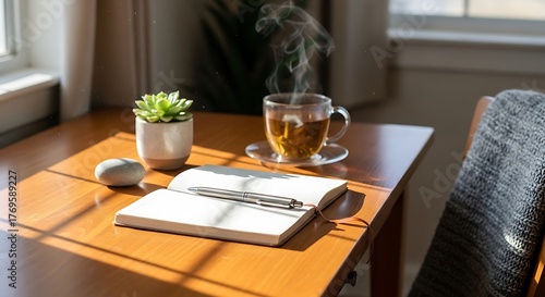 Morning Ritual - Tea, Journal, and Succulent on Wooden Table.