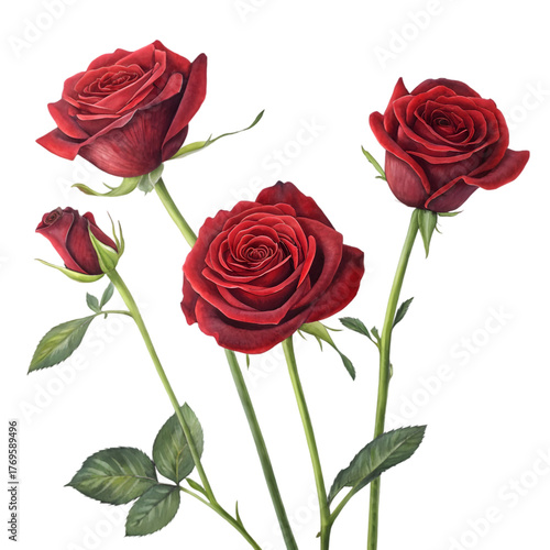Lush Red Roses on White. Romantic Flowers, Nature's Beauty on transparent background