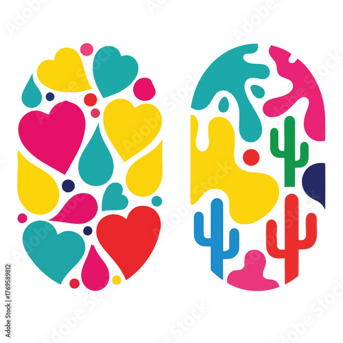 Vibrant abstract shapes and colorful hearts and cacti creating a festive and playful pattern