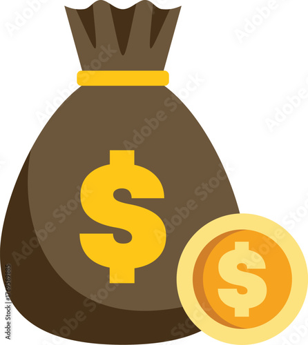 Brown money bag with dollar sign and gold coin illustrating savings, investment, and financial growth