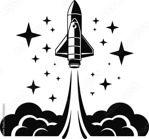 Black and white vector illustration of a rocket spaceship launching into space surrounded by stars and smoke, futuristic space exploration artwork.