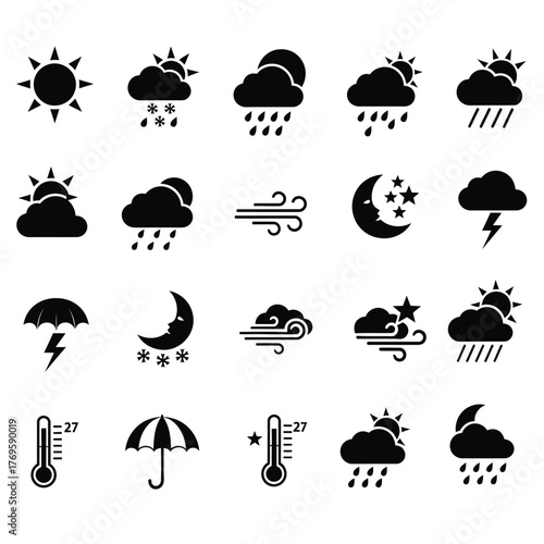 Collection of black weather icons representing various meteorological conditions and forecast symbols