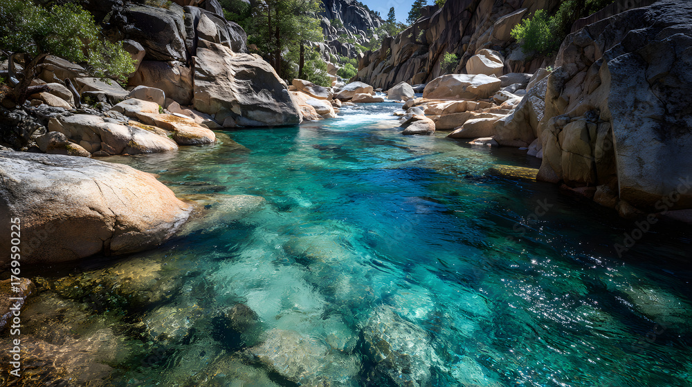 Naklejka premium Clear turquoise river flowing through granite mountain valley