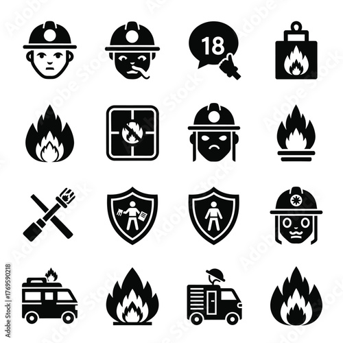 Collection of firefighter and fire safety icons representing emergency services and protection