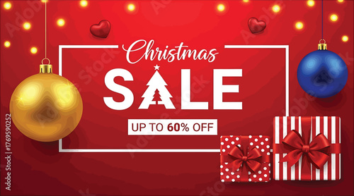 Christmas sale banner with golden and blue baubles, gift boxes, hearts, and light bulbs on red background, offering up to 60 off for holiday shopping