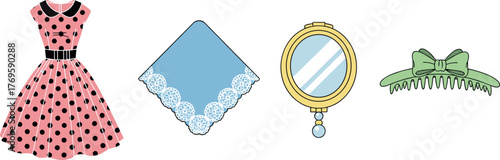 Vintage fashion items: dress, handkerchief, mirror, hair comb