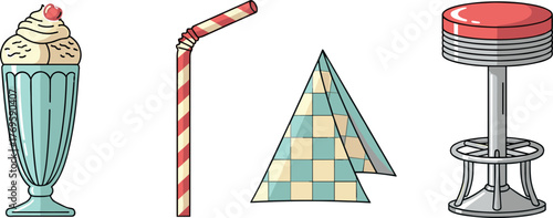 Retro diner set: milkshake, straw, napkins, and stool